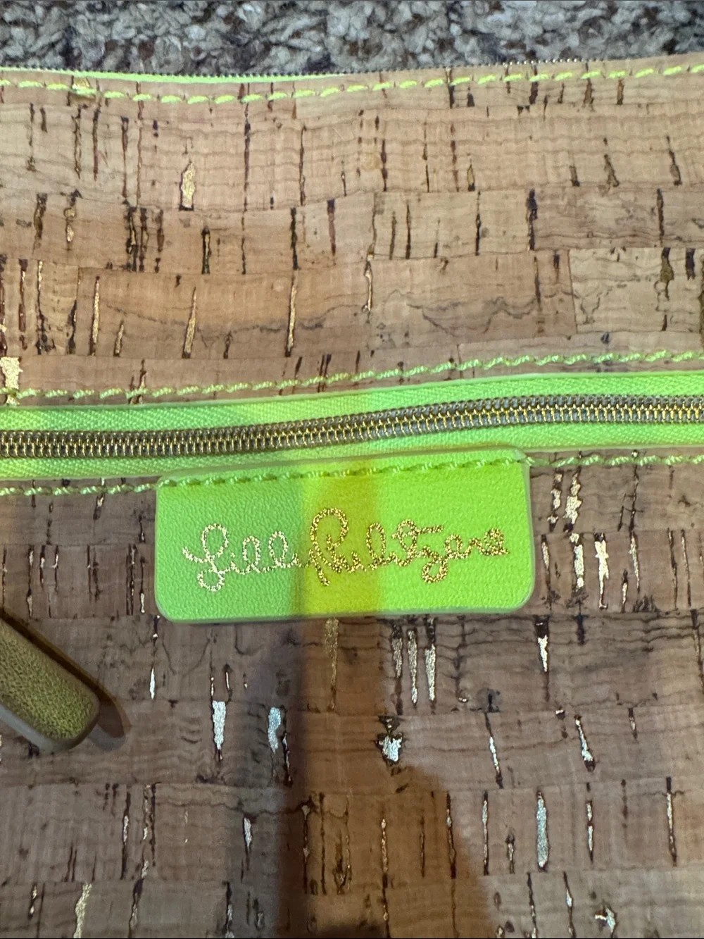 Lilly Pulitzer Gold-Accent Cork Crossbody Bag in Tan with Neon Yellow Trim
